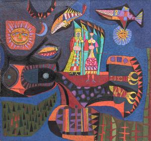 Edward Marecak, "Athena and Diana", oil, painting, 1950's, midcentury, mid-century, modern, abstract, greek mythology, blue, orange, green, yellow, black