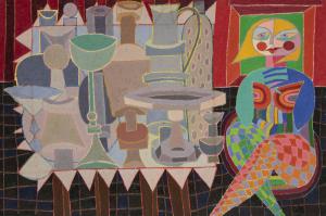Edward Marecak, "Happy Potter", oil painting for sale, 1980's, vintage, female figure, woman, abstract, cubist, pottery, ceramic artist, blue, pink, green, orange, yellow, red, black, brown