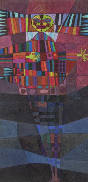 Edward Marecak, "The Evil One", abstract oil painting for sale, 1980s, cubist, fuchsia, pink, purple, blue, black, green, yellow, orange, red