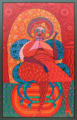Edward Marecak, She Who Must Be Obeyed, oil, painting, 1981, modernist, midcentury, modern, abstract, Art, for sale, Denver, Colorado, gallery, purchase, vintage, female, figure, figurative, red, orange, blue, pink