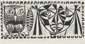 Edward Marecak, Suspicious Owl and Witch, woodcut, Woodblock, 1940, 1950, 1960, 1970, Print, modernist, midcentury, modern, abstract, Art, for sale, Denver, Colorado, gallery, purchase, vintage, black, white