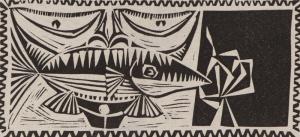 Edward Marecak, Witch Eating a Fish, woodcut, Woodblock, 1940, 1950, 1960, 1970, Print, modernist, midcentury, modern, abstract, Art, for sale, Denver, Colorado, gallery, purchase, vintage, black, white