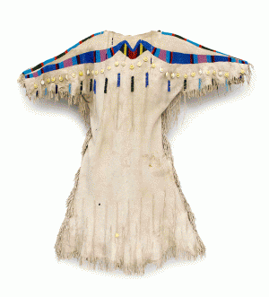 antique native american indian beaded hide Dress for sale, Yakima, plateau region, circa 1890, 19th century, glass trade beads, cowrie shells, blue, pink, red, yellow, green, fringe