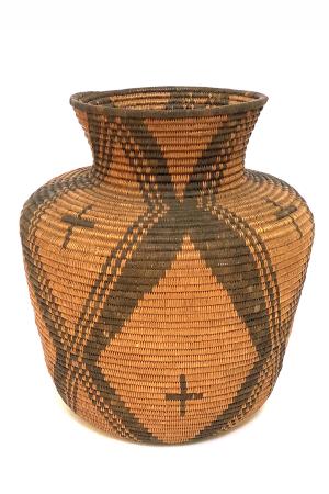 Apache, Basket, Olla, Jar, basketry, cross, willow, devils claw, vintage, southwestern, art for sale, native american, artifact, decor, brown, black