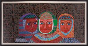 Edward Marecak, "The Three Fates", painting, acrylic, 1987, 1980s, modern, denver artists guild, colorado fifteen, 15 colorado, artist, abstract, Fine art, art, for sale, buy, purchase, Denver, Colorado, gallery, historic, antique, vintage, artwork, original, authentic, greek, mythology