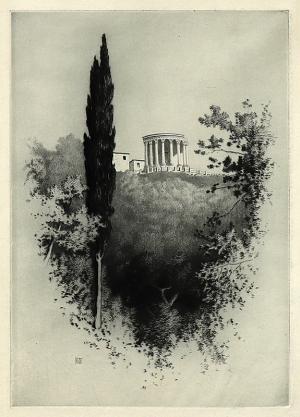 George Elbert Burr, Temple of the Sibyl, Tivoli, Italy, etching, circa 1905, engraving, fine art, for sale, denver, gallery, colorado, antique, buy, purchase