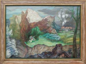 Peppino Mangravite, The Lovers, oil, painting, landscape, figural, modern, modernist, 1930s, circa 1935, Peppino Gino Mangravite, modernism, wpa, Fine art, art, for sale, buy, purchase, Denver, Colorado, gallery, historic, antique, vintage, artwork, original, authentic 