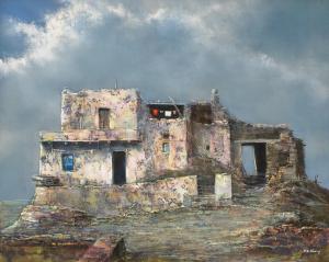 Pawel Kontny, Walpi Pueblo, Arizona, mixed media, painting, oil, 1980s, southwestern, adobe, landscape, clouds, native american, pueblo, desert, Fine art, art, for sale, buy, purchase, Denver, Colorado, gallery, historic, antique, vintage, artwork, original, authentic