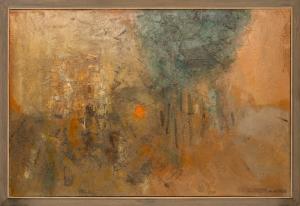 Gene Matthews, Collina-Città, painting, Abstract, Hill Town, Italy, landscape, oil, 1958, 1950s, midcentury, mid century, modern, gold, bronze, green, orange, Fine art, art, for sale, buy, purchase, Denver, Colorado, gallery, historic, antique, vintage, artwork, original, authentic