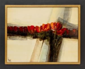 Larry Harris, Abstract with Red Flowers, oil, painting, circa 1970-1980, lawrence harris, abstract, modern, Fine art, art, for sale, buy, purchase, Denver, Colorado, gallery, historic, antique, vintage, artwork