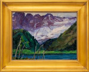 Nellie Knopf, "In Glacier Park" Lake, Glacier National Park, Montana, oil, painting, vintage, 1920s, original, landscape, woman, female, artist, art, for sale, purchase, gallery, denver, Colorado