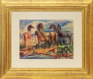 Lloyd Moylan, horses, landscape, southwest, colorado, new mexico, western, modern, modernist, watercolor, circa 1930, vintage, 1940s, 1930s, broadmoor academy, art, for sale, purchase, colorado springs, gallery, museum, original