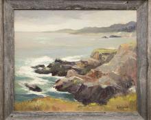 Jon Blanchette, "West of Mendocino (California)", oil painting, circa 1955 painting fine art for sale, framed landscape painting, California coastal landscape, California landscape painting 