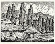 sandzén, Sven Birger Sandzen, "Houses by the Canal, 1 edition printed", linoleum cut, 1929