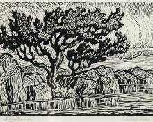 sandzén,  Sven Birger Sandzen, "Sunshine Lake, 3 editions printed", linoleum cut, 1928
