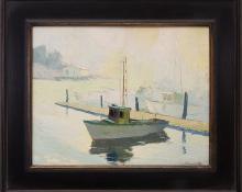 Jon Blanchette, "Santa Cruz Harbor (California)", oil, circa 1950, painting, for sale purchase consign auction denver Colorado art gallery museum