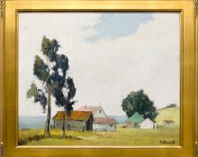 Jon Blanchette landscape California Farm House, oil, circa 1955 painting fine art for sale framed california landscape painting spring landscape with greens and blues