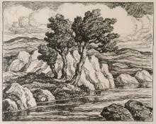 sandzén, Sven Birger Sandzen, "Creek and Hills", lithograph, 1946