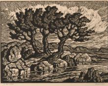 Sven Birger Sandzen, "In the Foothills", linoleum cut, 1945