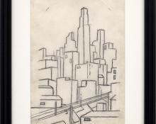 Charles Bunnell art for sale, Kansas City Skyline, graphite, circa 1935, wpa era, modernist