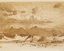 George Elbert Burr, "Untitled (A Desert Storm and Sheep), 7/40", etching, c. 1920
