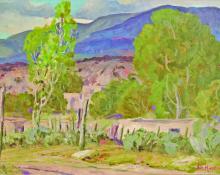 Carl Von Hassler, "Untitled (Adobe and Mountains, New Mexico)", oil, c. 1940