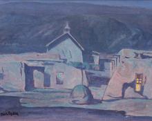 Carl Redin, "Untitled (New Mexico Church in Nocturne)", oil, c. 1925