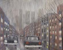 Edward Goldman, "Cars in Rain", acrylic, May 1965