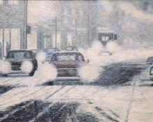 Edward Goldman, "Snowy Night", acrylic, April 1966