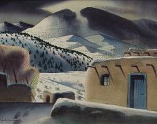 Sandor Bernath, "Untitled (Adobe Houses, New Mexico)", watercolor, circa  1930 painting for purchase sale consignment auction denver colorado art gallery museum