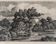Sven Birger Sandzen, "Early Moon; edition of 100", lithograph, 1949 graphic work print for sale purchase consign auction colorado art gallery denver