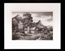 James Russell Sherman, "Tiny Town Cabin", lithograph, 1939 for sale purchase consign auction denver Colorado art gallery museum