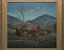 Adolph Spohr, "Untitled (Moonlit Cabin)", oil for sale purchase consign auction denver Colorado art gallery museum