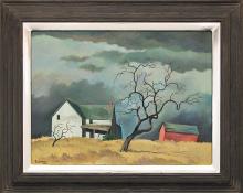 William Sanderson, "Red Barn and Tree (Colorado)", oil, circa 1970 fine art for sale purchase buy sell auction consign denver colorado art gallery museum