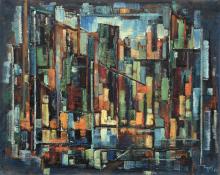Charles Ragland Bunnell, "Untitled (City Scape)", oil painting for sale purchase auction consign denver colorado art gallery museum 1954