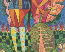 Edward Marecak, Frost Comes To The Garden, oil, painting, vintage, 1960s, midcentury modern,1963, art, for sale, denver, colorado, gallery, women, female, figure, cubist, abstract, trees