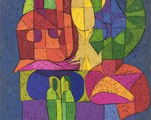 Edward Marecak painting for sale, "The Three Fates Decide On The PTA", oil, 1968, vintage art, parent teacher association, abstract, cubist, primary colors