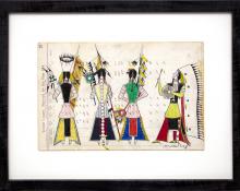 James Black ledger drawing  "Bowstring (Initiation Day, Cheyenne Bowstring Society)", colored pencil, 2018 painting fine art for sale purchase buy sell auction consign denver colorado art gallery museum       