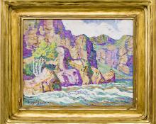 Birger Sandzen, "In The Canyon, Big Thompson Canyon, Estes Park, Colorado", 1926 oil 19th century painting original oil painting, landscape painting, Lindsborg Kansas artists  