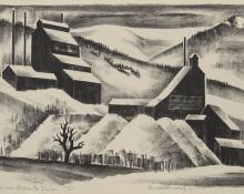 Arnold Ronnebeck, Mine Near Contintental Divide, Colorado, vintage, art for sale, lithograph, 1933, modernist, wpa era, black and white, landscape, snow, winter, mining, ghost town, denver artists guild