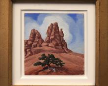 Anna Elizabeth Keener, Red Rock Formations, Southwestern, Landscape, oil, painting, circa 1960, modernist, modern, woman artist, Fine art, art, for sale, buy, purchase, Denver, Colorado, gallery, historic, antique, vintage, artwork, original, authentic 