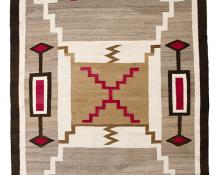 vintage navajo Trading Post Rug for sale, Navajo, early 20th century, area rug, floor rug, wall hanging, gray, brown, tan, white, cream, red, lightning bug, storm pattern