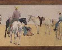 Wolfgang Pogzeba, "Mounted Cowboys", oil, 1963 painting fine art for sale purchase buy sell auction consign denver colorado art gallery museum     