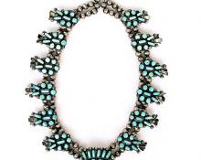 vintage old pawn zuni squash blossom necklace for sale, antique southwestern, native american indian, jewelry, silver, turquoise