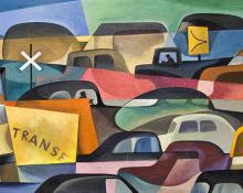 William Sanderson oil painting for sale, cars, Traffic Jam, vintage, circa 1955, orginal modernist art