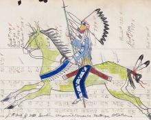 James Black, ledger drawing for sale, Cheyenne Contrary Warrior with Thunder Bow, 1920, contemporary native american painting, southern cheyenne