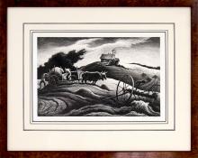 Thomas Hart Benton, New England Farm, lithograph for sale, 1951, original, signed, vintage, black & white, american scene, full margins, martha's vineyard, art for sale