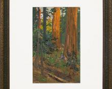 Charles Partridge Adams, "Untitled (Interior Forest Scene with Redwood Trees, California)", oil painting, for sale, vintage, tonalism, circa 1930, red, green, yellow, blue