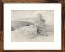 Charles Partridge Adams, vintage landscape drawing for sale, Wind Blown Pine and Rocks, Mountain Landscape, graphite, early 20th century, circa 1910, black, white, gray, brown frame