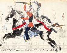 James Black, Ledger Drawing for sale, "Chief Roman Nose Riding with Warbonnet", native american, southern cheyenne, plains indian, north american indian, contemporary art, horse, feather bonnet, raid, war, battle, red, black, white